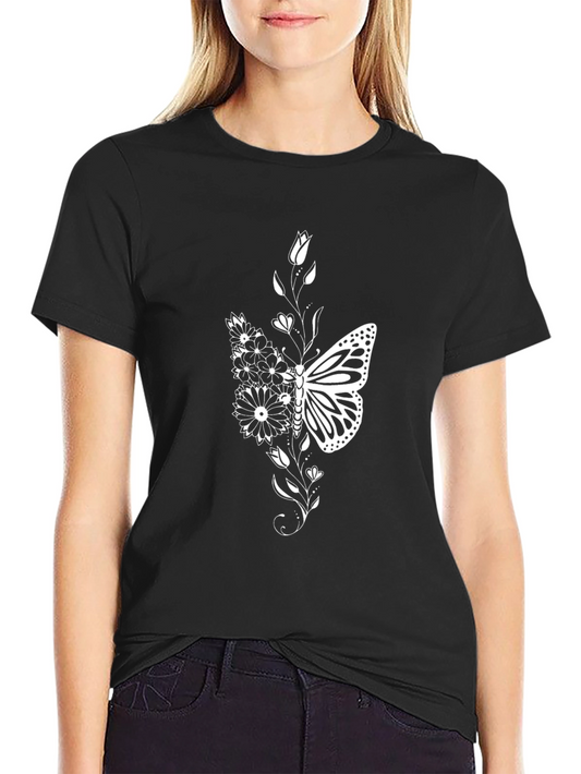 Butterfly Floral Graphic Tee - Black Cotton Blend