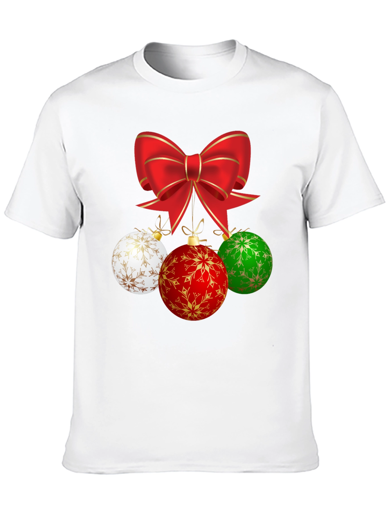Festive Holiday T-Shirt with Bow and Ornament Design