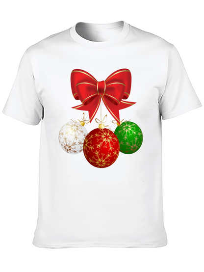 Festive Holiday T-Shirt with Bow and Ornament Design