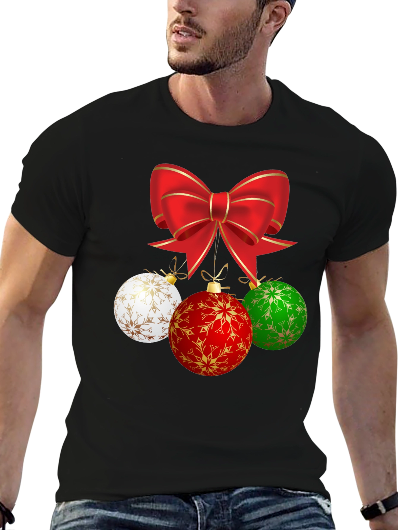 Festive Holiday T-Shirt with Bow and Ornament Design