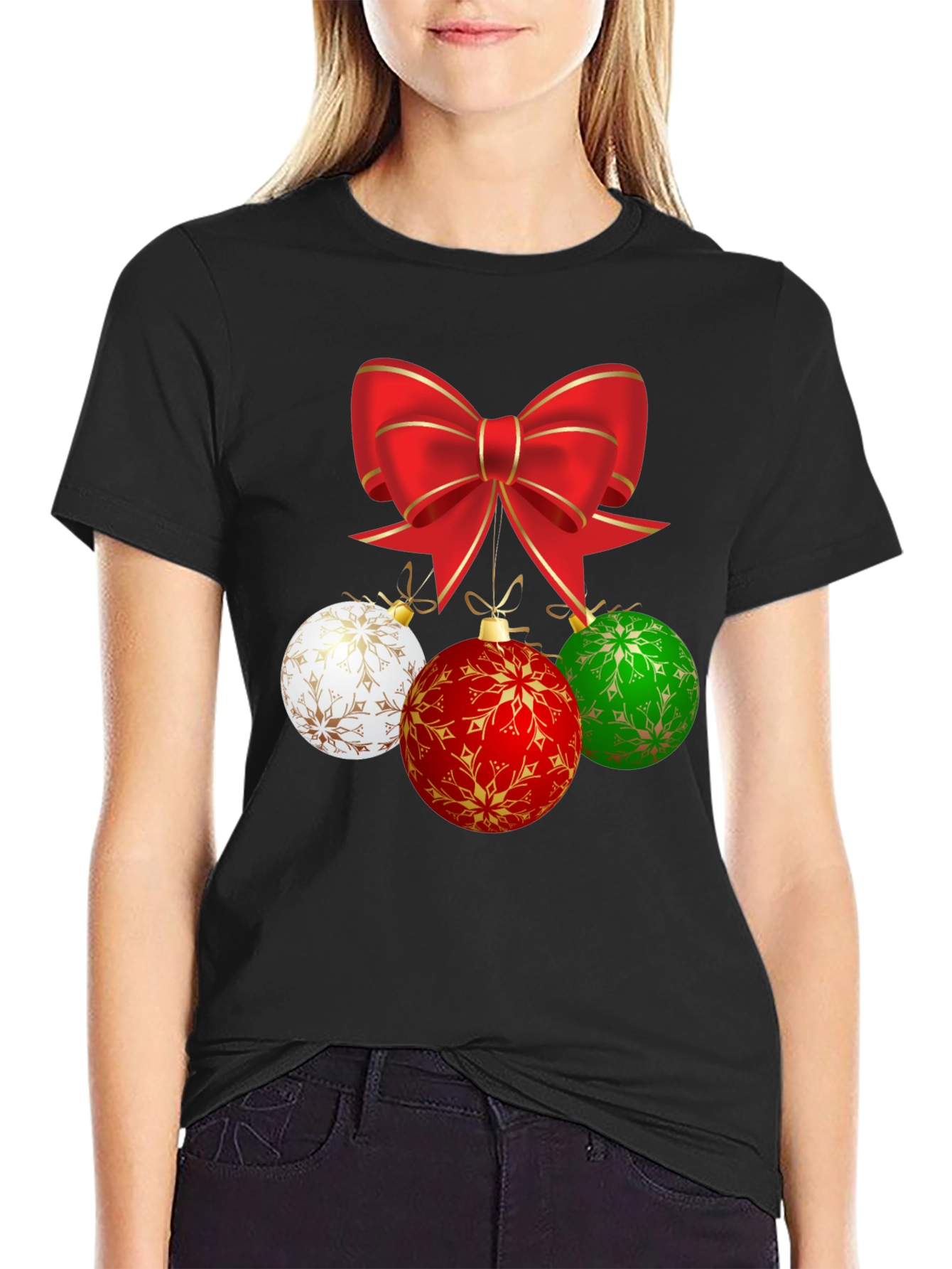 Festive Holiday T-Shirt with Bow and Ornament Design