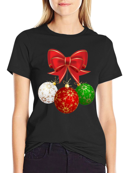 Festive Holiday T-Shirt with Bow and Ornament Design