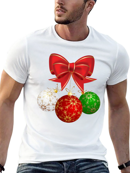 Festive Holiday T-Shirt with Bow and Ornament Design