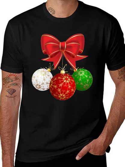 Festive Holiday T-Shirt with Bow and Ornament Design