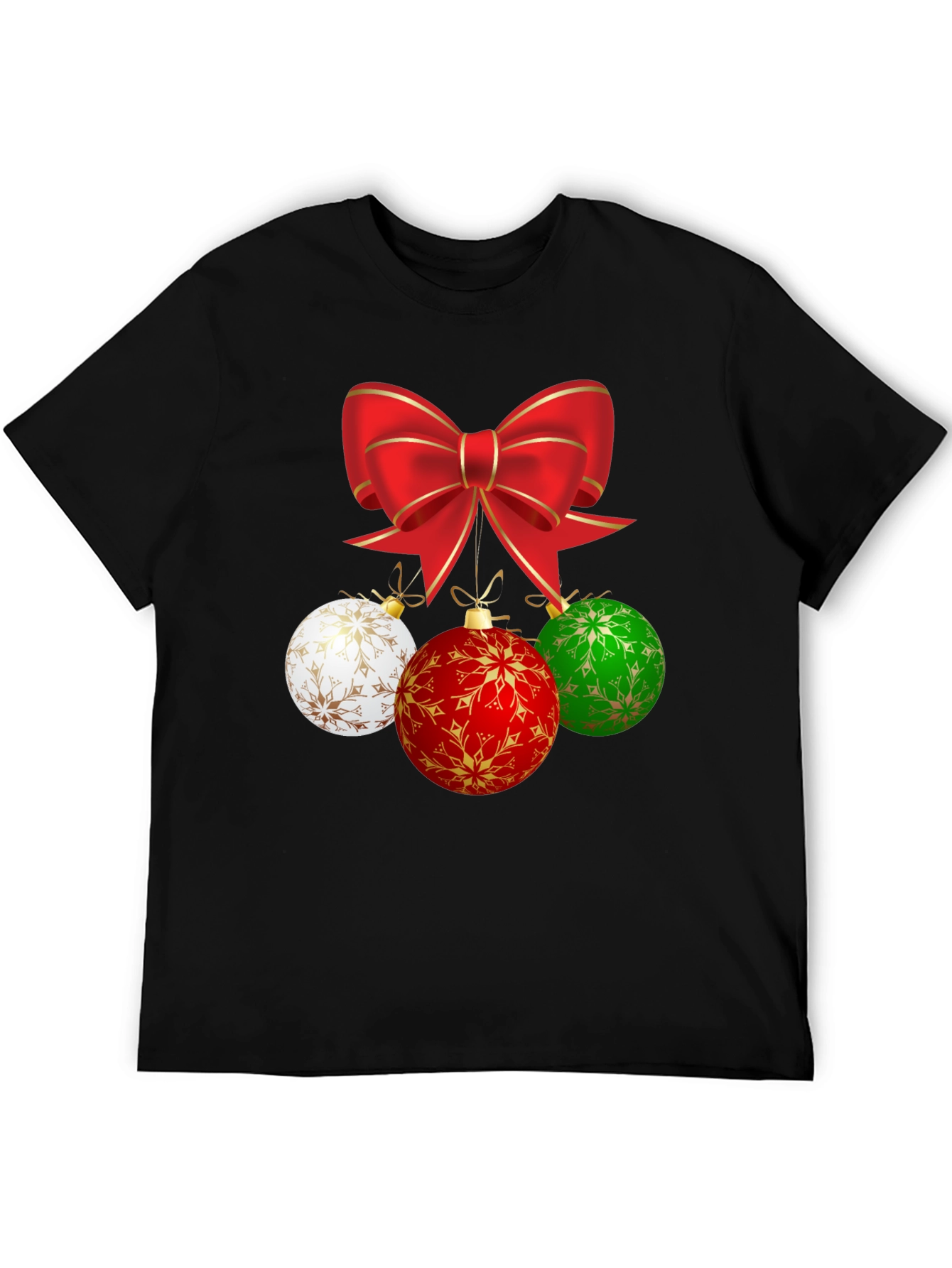 Festive Holiday T-Shirt with Bow and Ornament Design