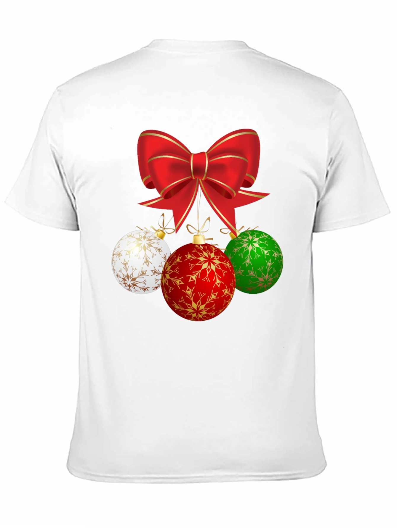 Festive Holiday T-Shirt with Bow and Ornament Design