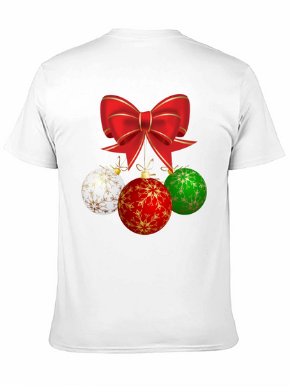 Festive Holiday T-Shirt with Bow and Ornament Design