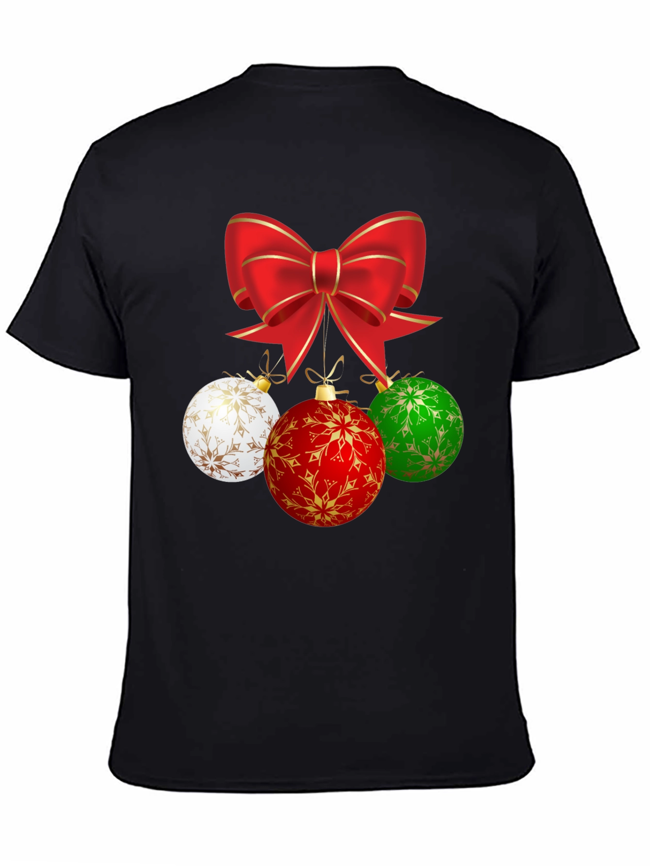 Festive Holiday T-Shirt with Bow and Ornament Design