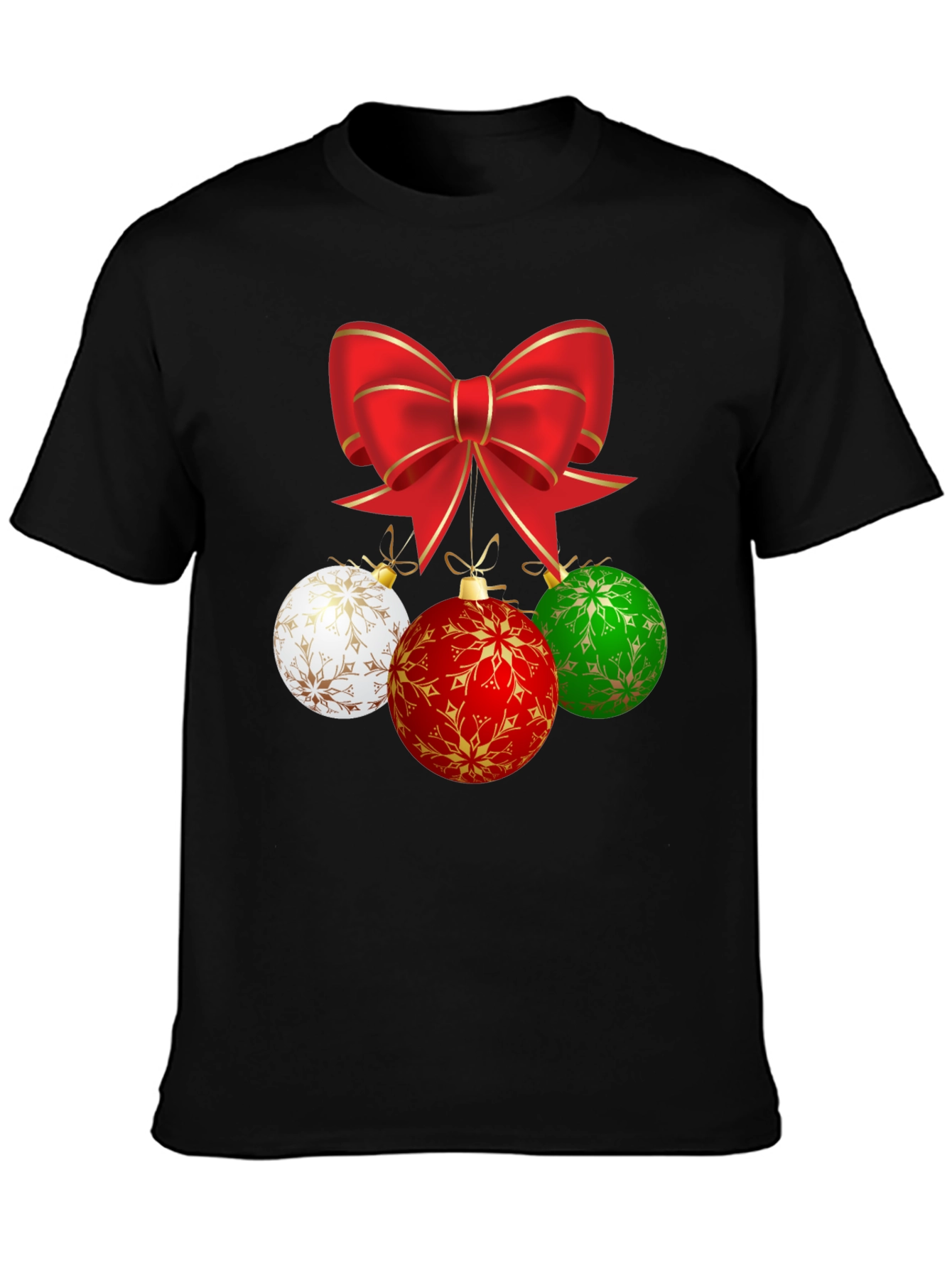 Festive Holiday T-Shirt with Bow and Ornament Design