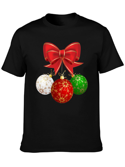 Festive Holiday T-Shirt with Bow and Ornament Design