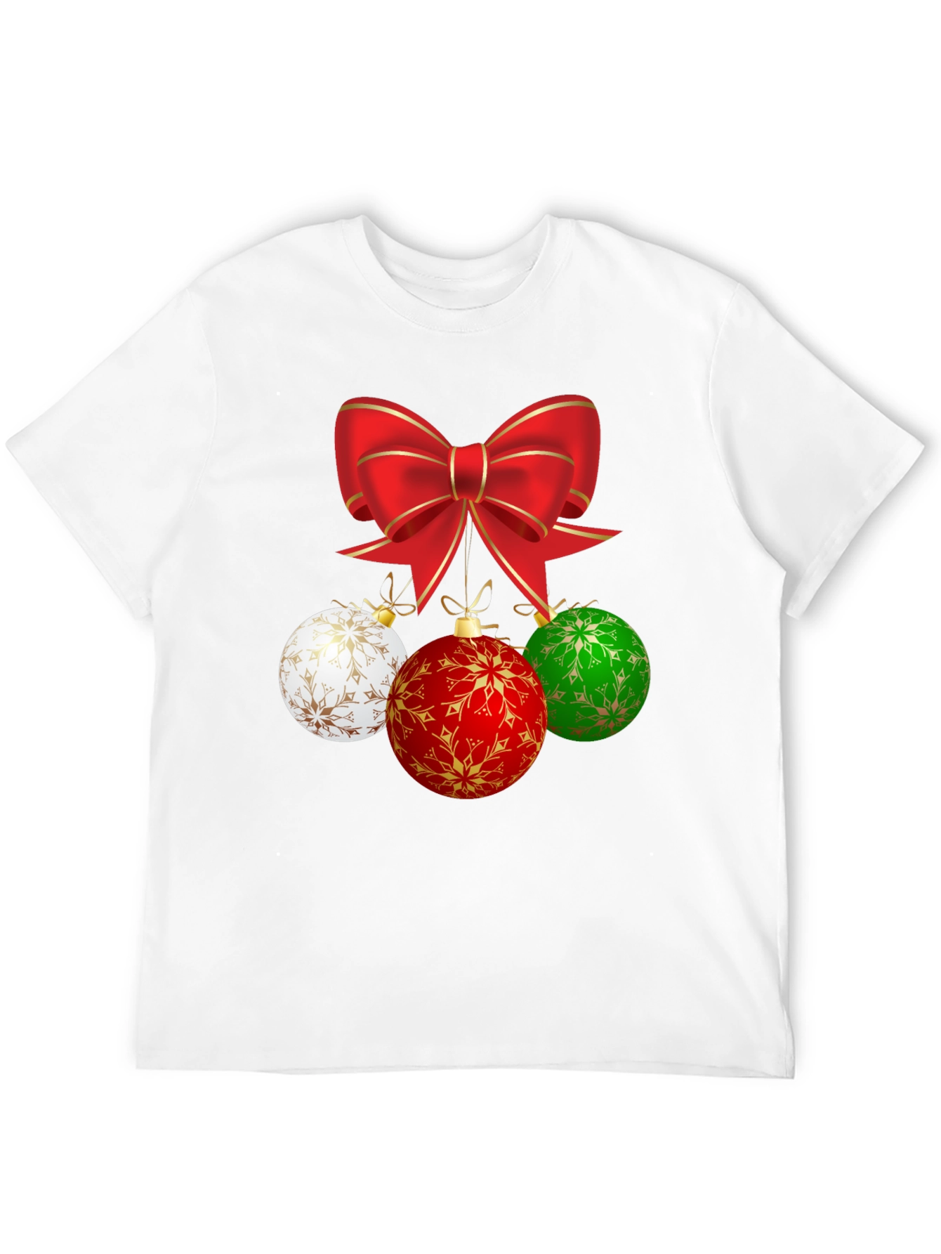 Festive Holiday T-Shirt with Bow and Ornament Design