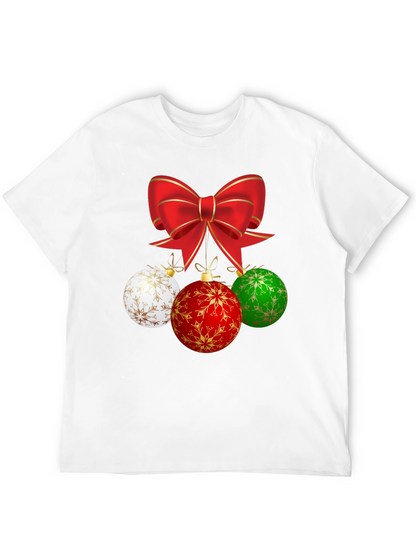Festive Holiday T-Shirt with Bow and Ornament Design