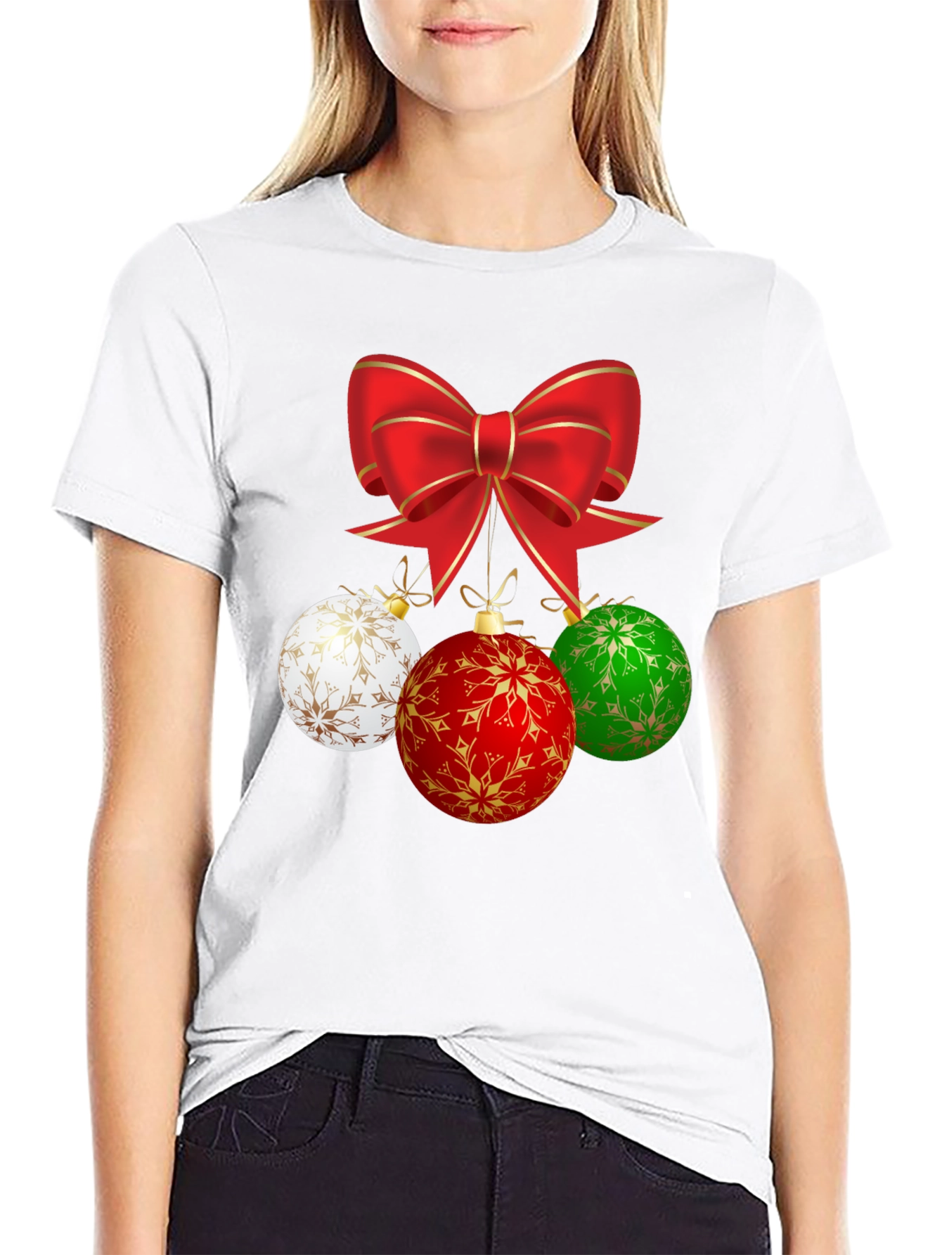 Festive Holiday T-Shirt with Bow and Ornament Design