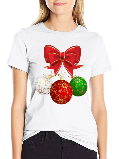 Festive Holiday T-Shirt with Bow and Ornament Design
