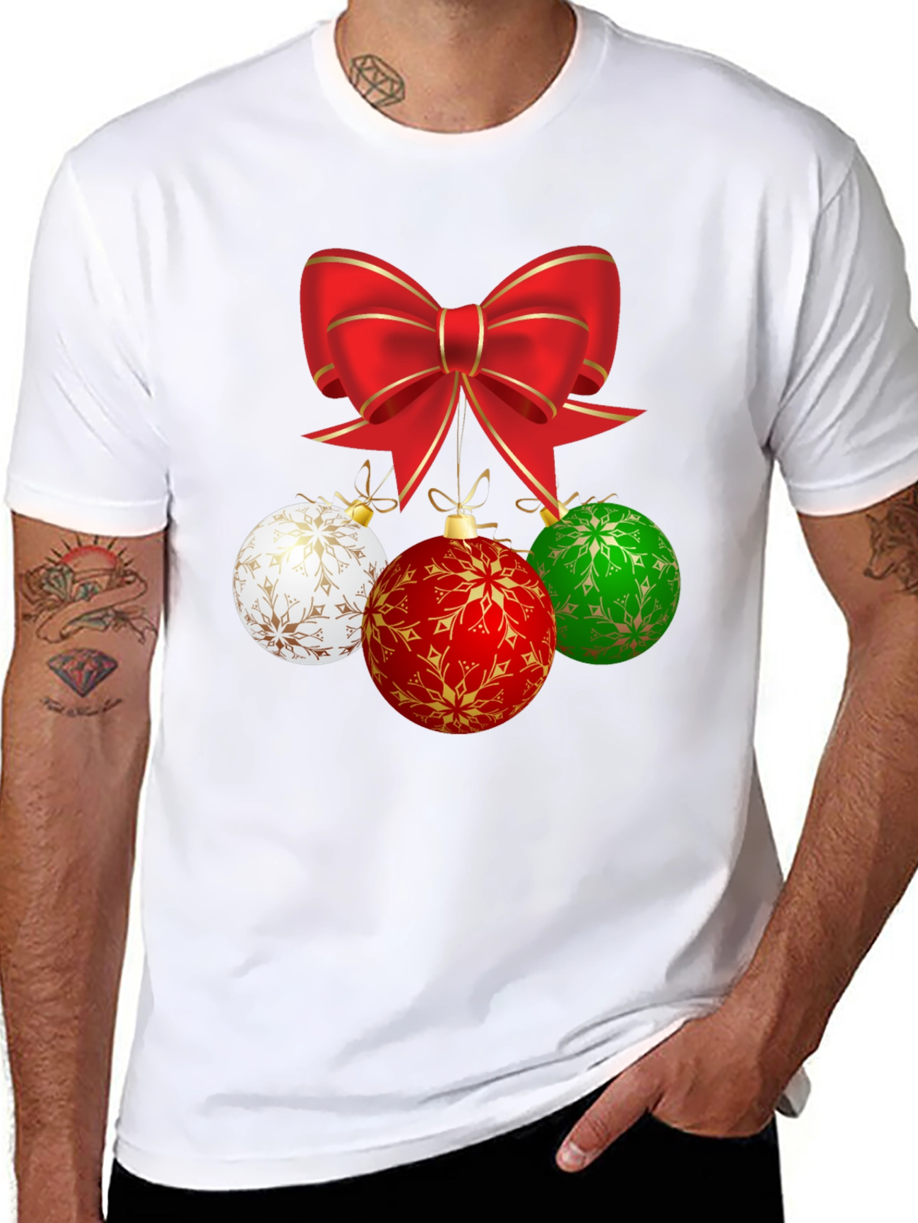 Festive Holiday T-Shirt with Bow and Ornament Design