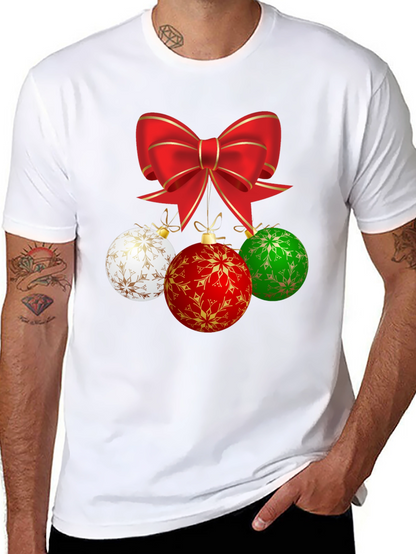 Festive Holiday T-Shirt with Bow and Ornament Design