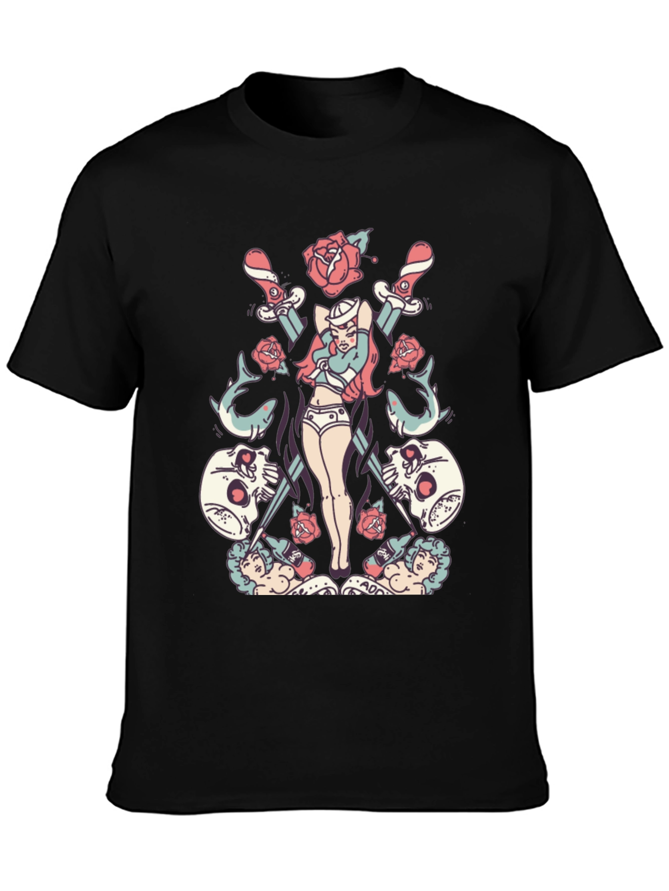 Skull Rose Sword Graphic T-Shirt