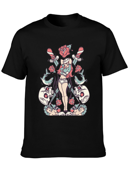 Skull Rose Sword Graphic T-Shirt