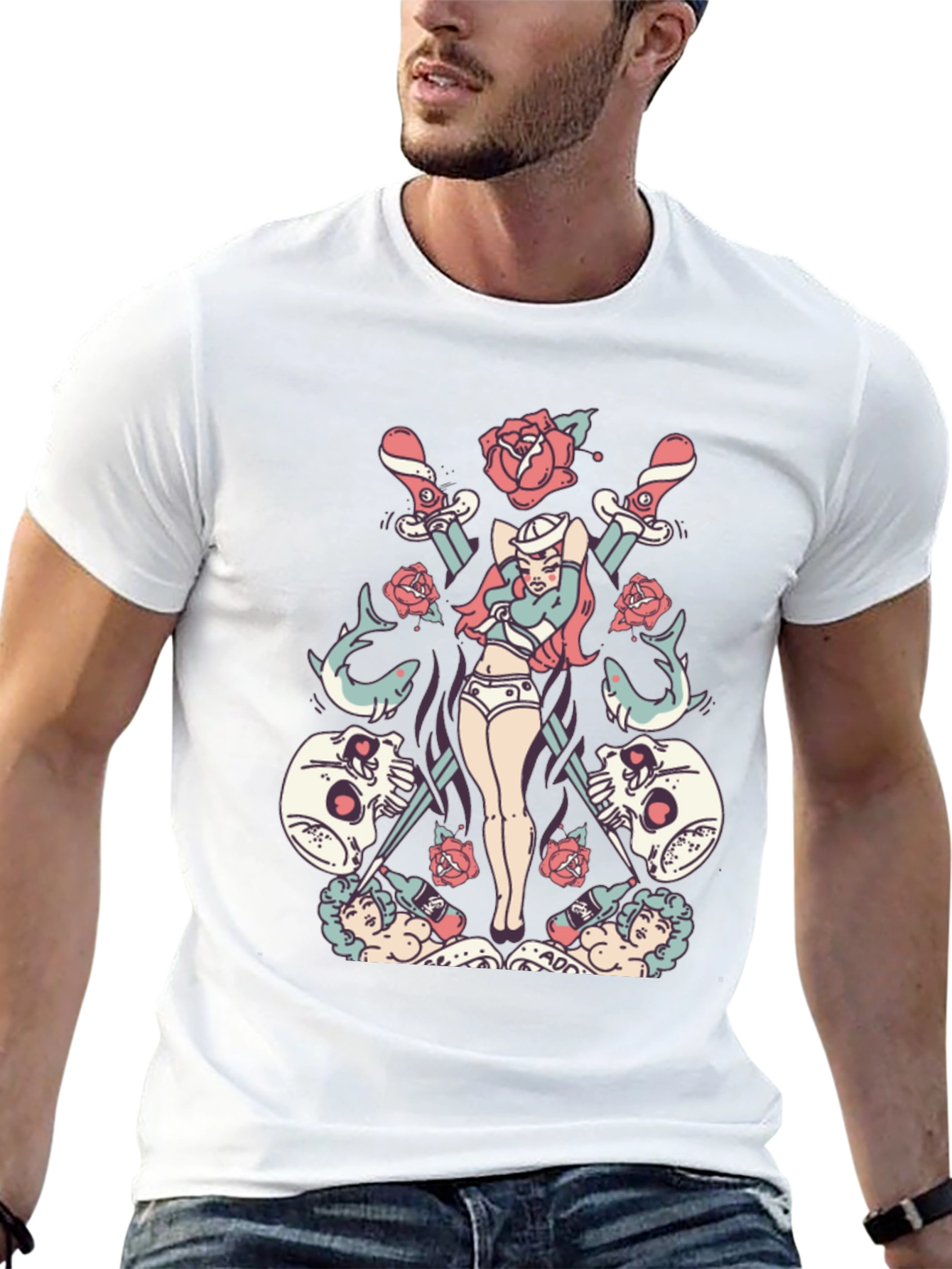 Skull Rose Sword Graphic T-Shirt