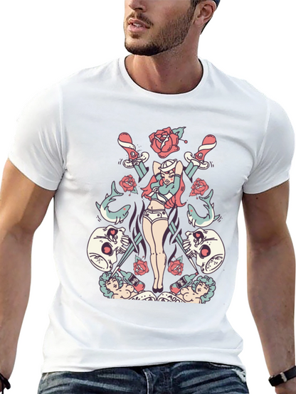 Skull Rose Sword Graphic T-Shirt