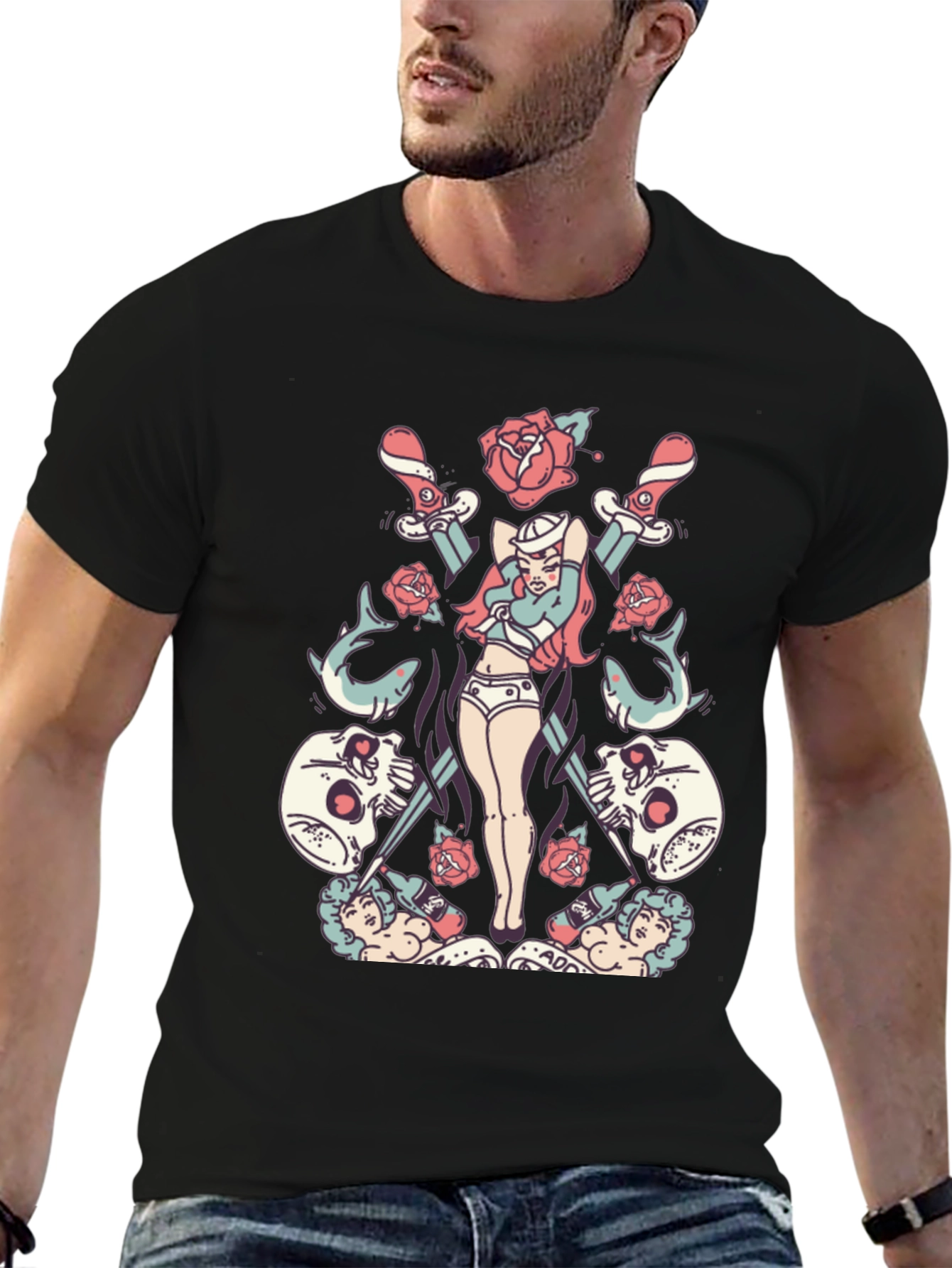 Skull Rose Sword Graphic T-Shirt
