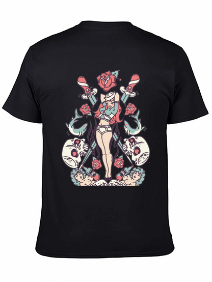 Skull Rose Sword Graphic T-Shirt