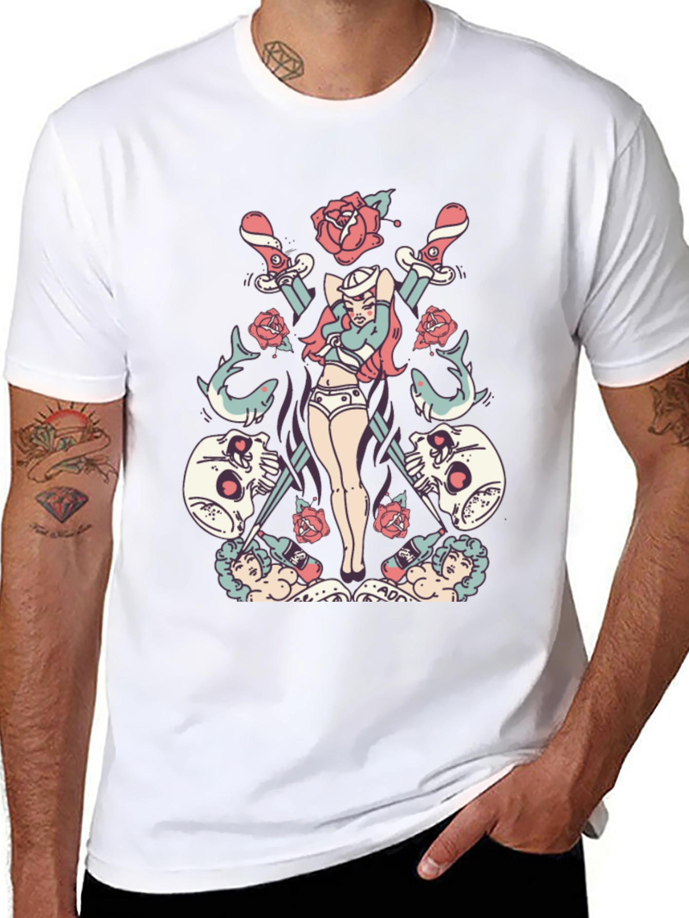Skull Rose Sword Graphic T-Shirt