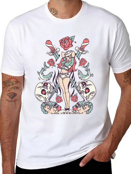 Skull Rose Sword Graphic T-Shirt