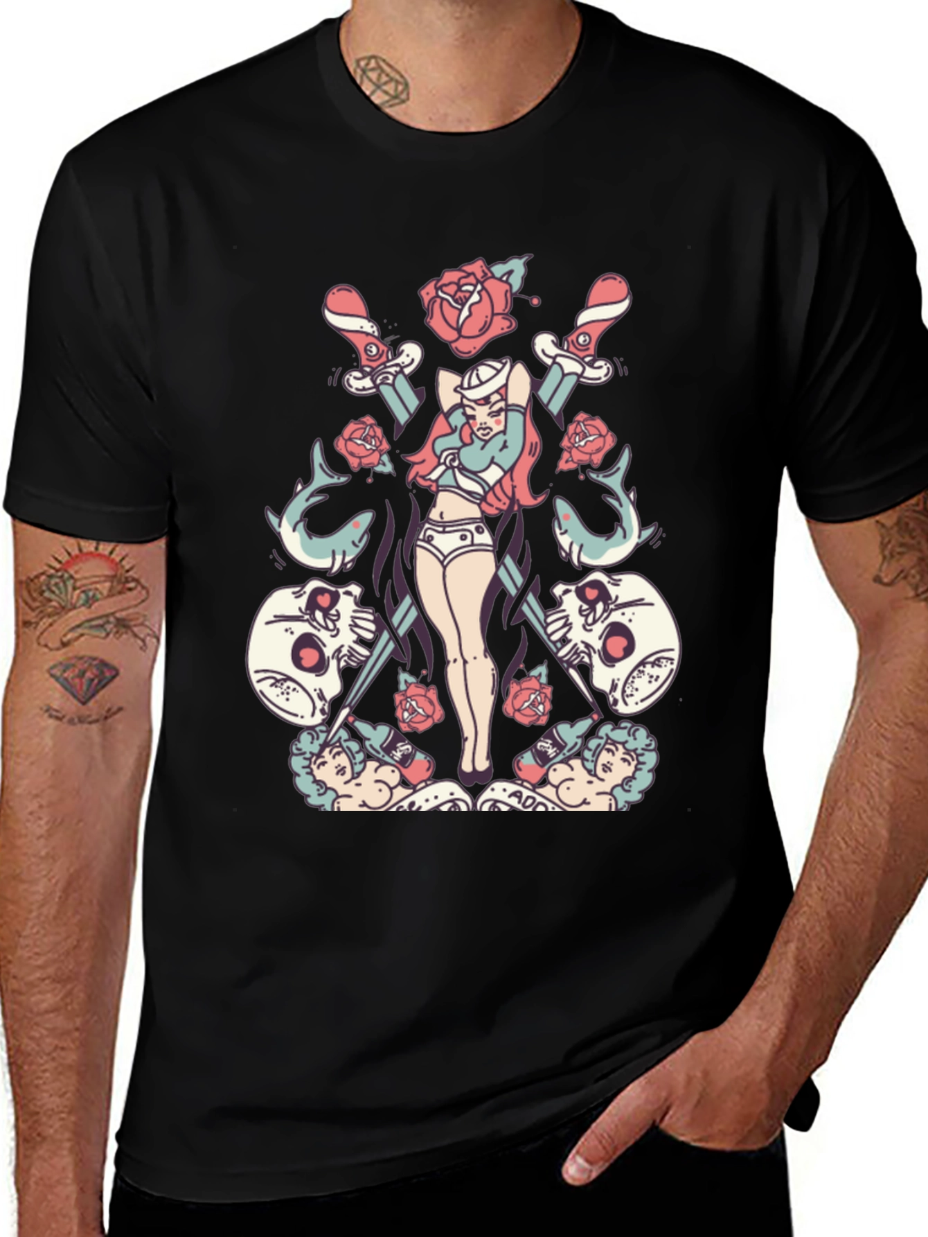 Skull Rose Sword Graphic T-Shirt