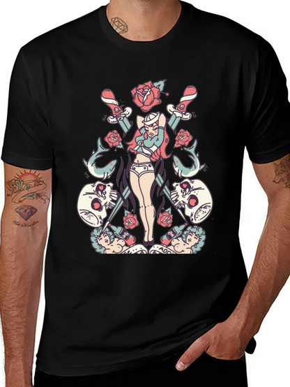 Skull Rose Sword Graphic T-Shirt