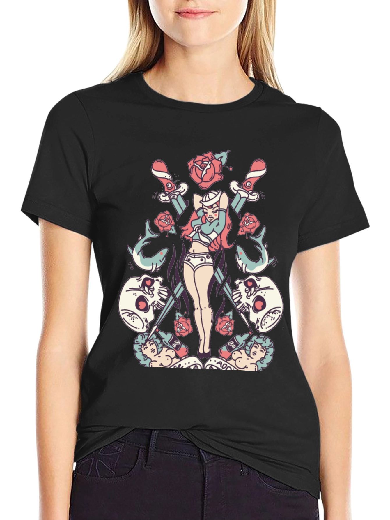Skull Rose Sword Graphic T-Shirt