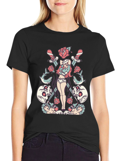Skull Rose Sword Graphic T-Shirt