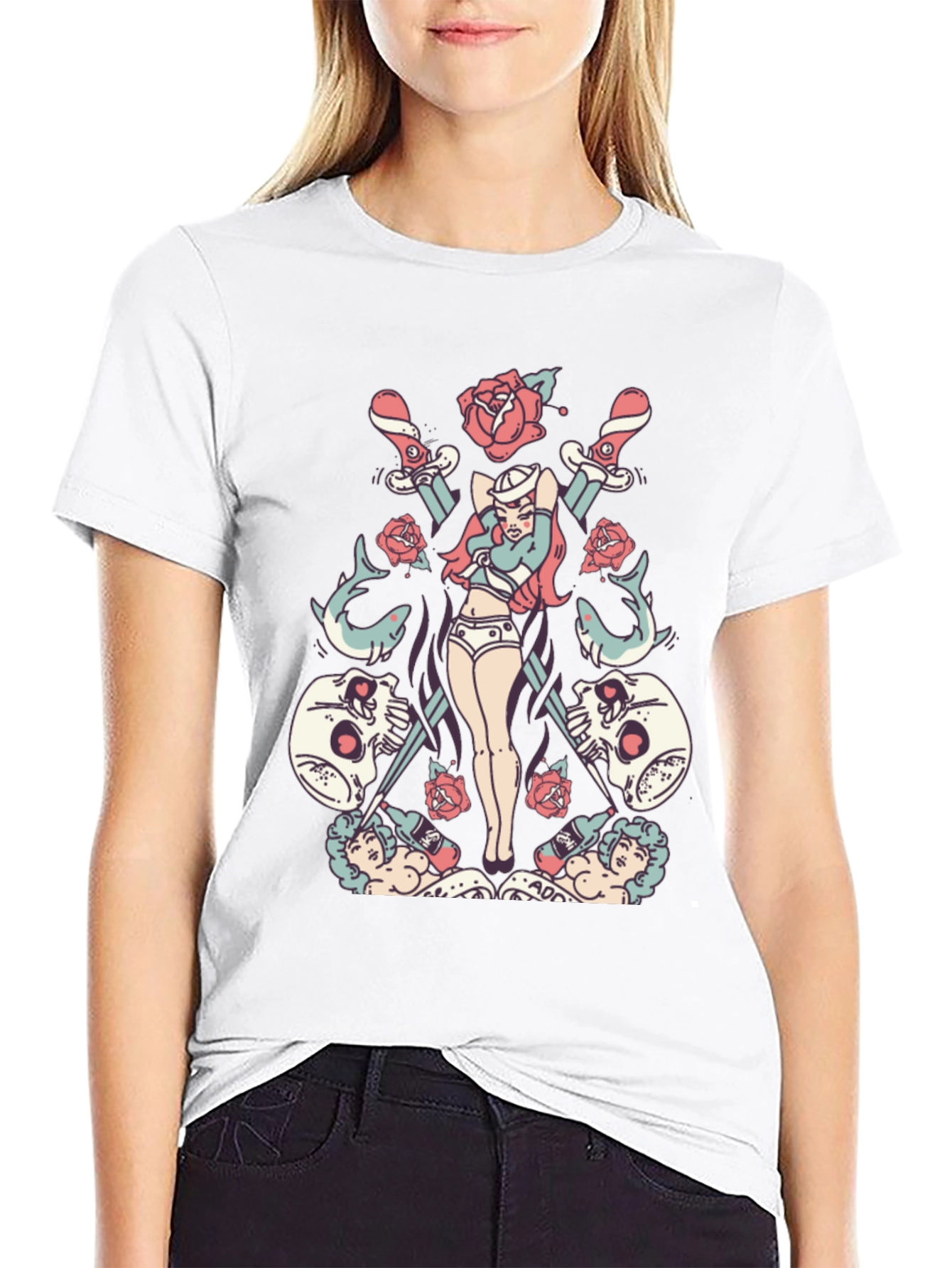 Skull Rose Sword Graphic T-Shirt