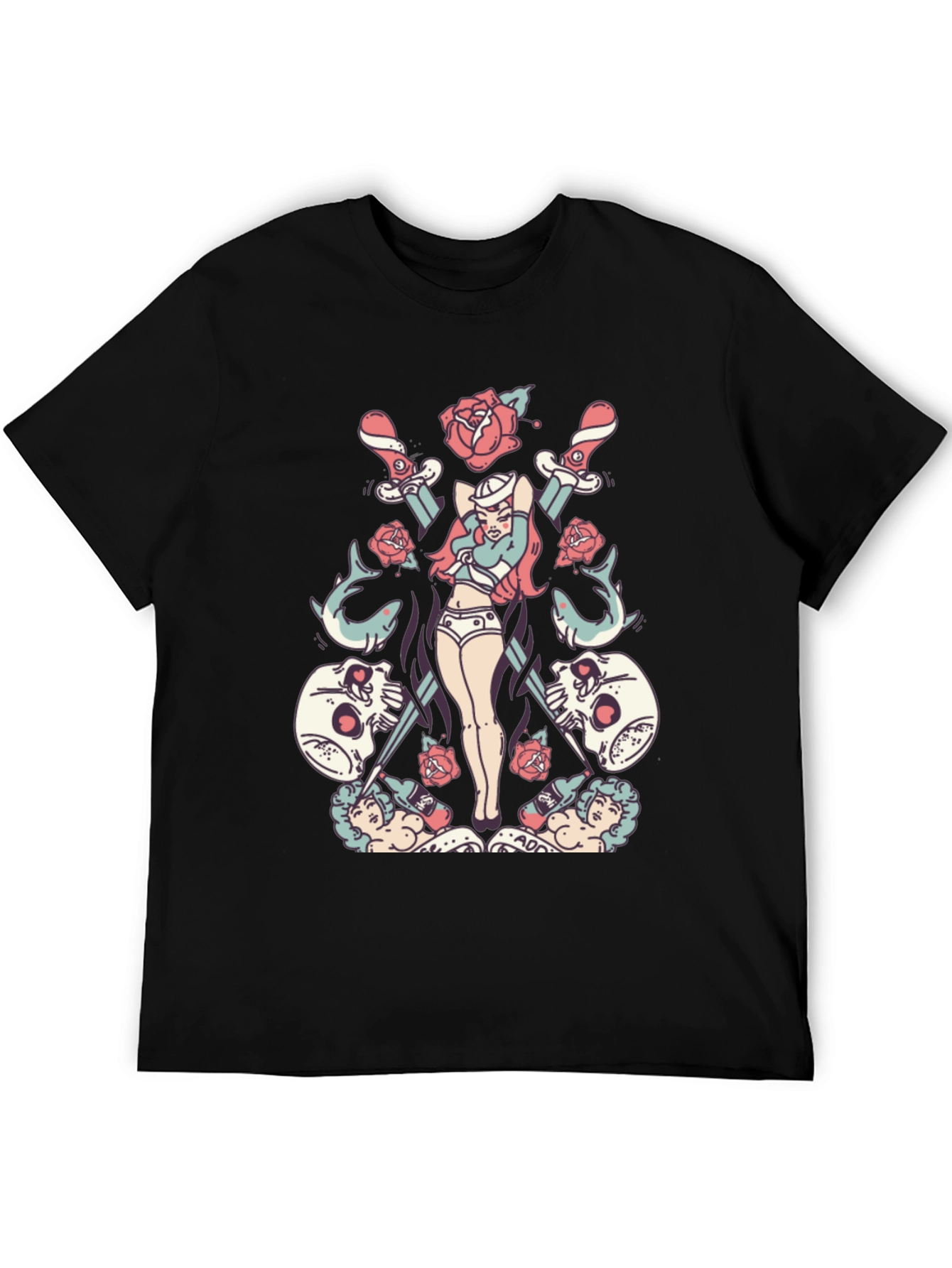 Skull Rose Sword Graphic T-Shirt