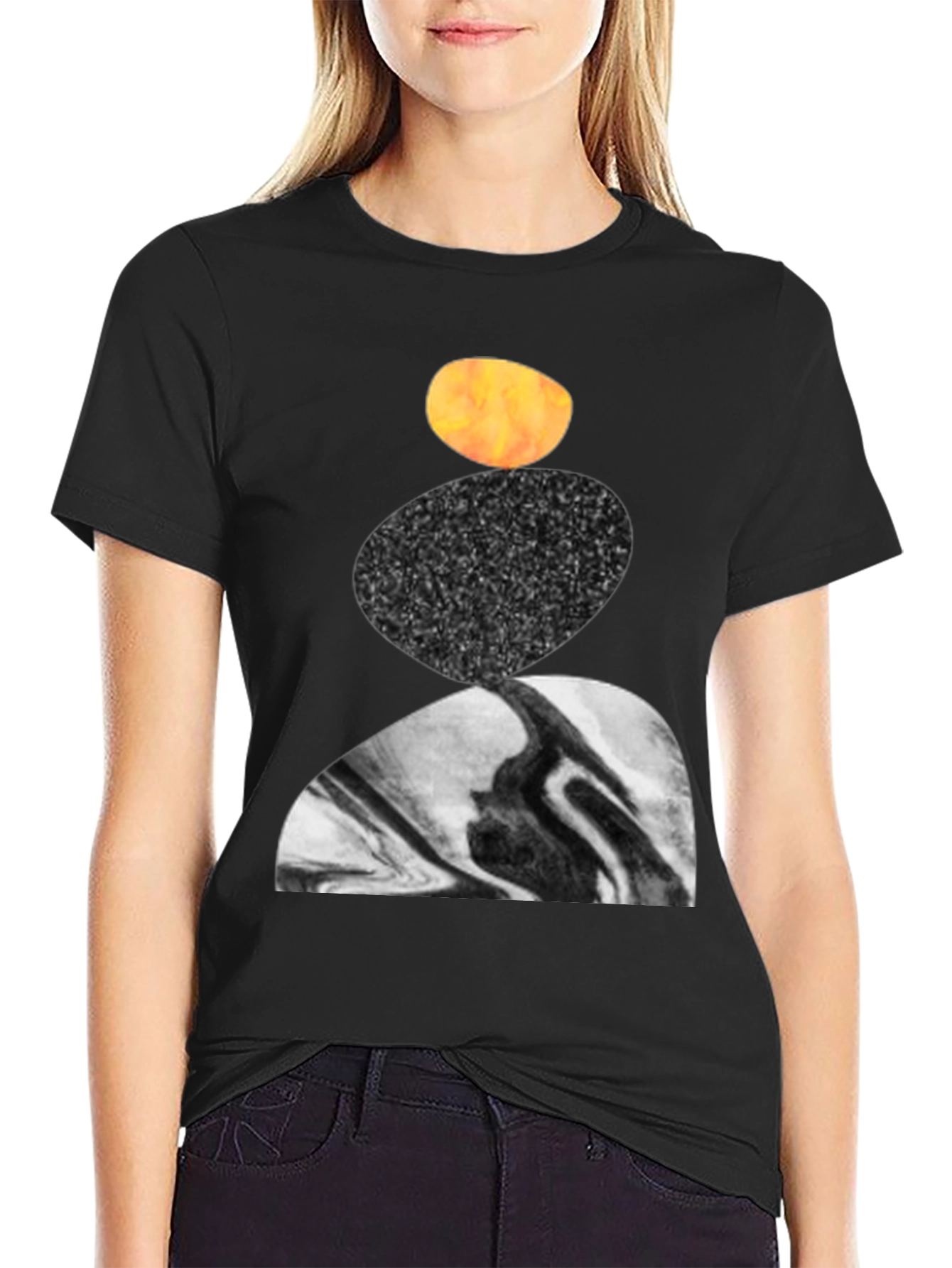 Abstract Stacked Stone Graphic Print Black T-Shirt