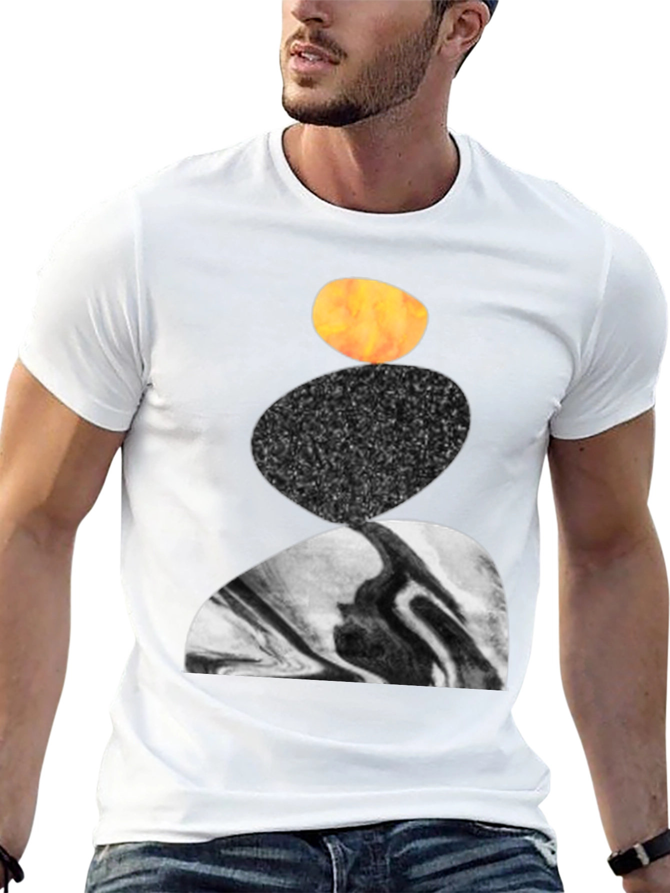 Abstract Stacked Stone Graphic Print Black T-Shirt