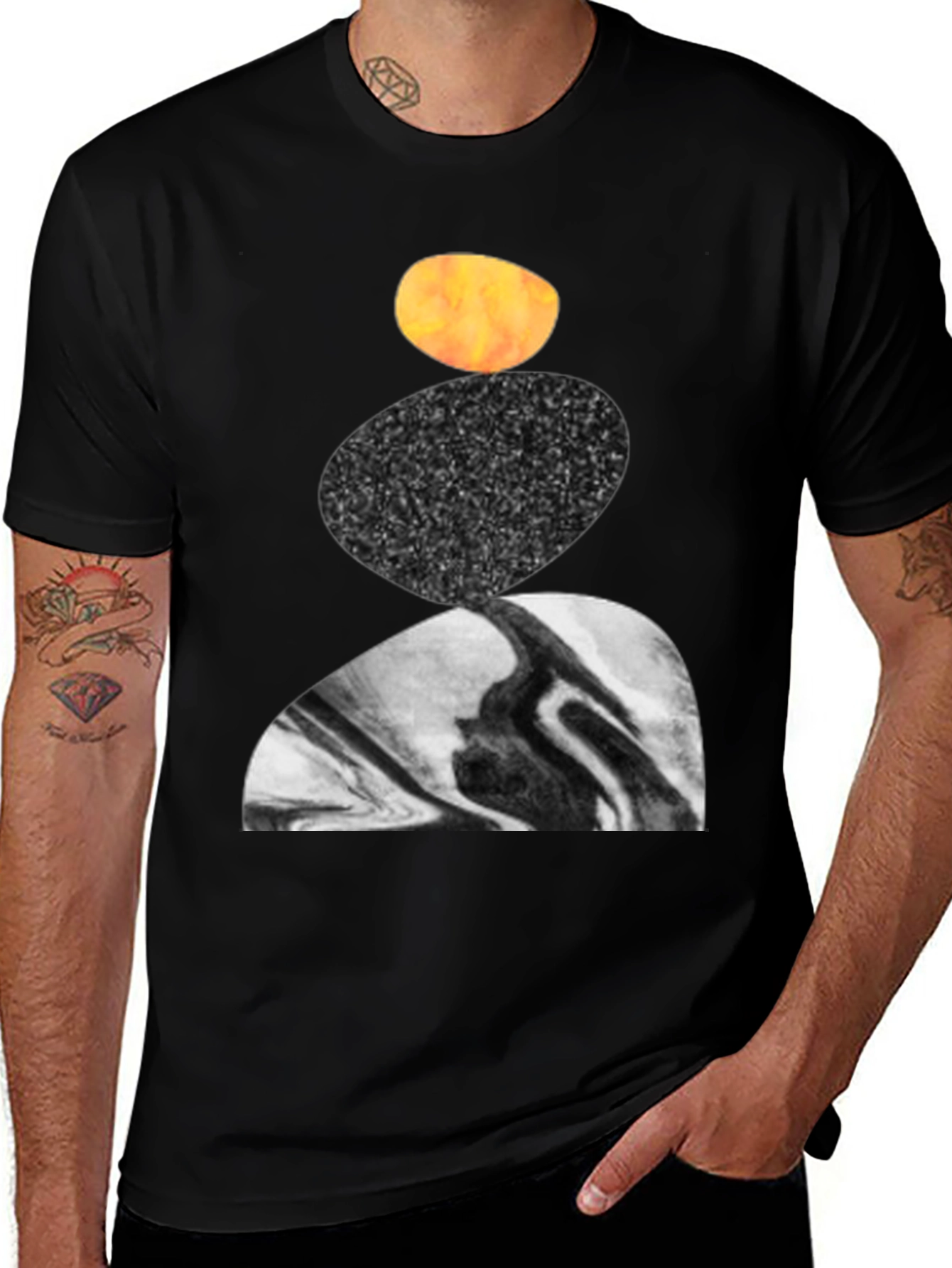 Abstract Stacked Stone Graphic Print Black T-Shirt