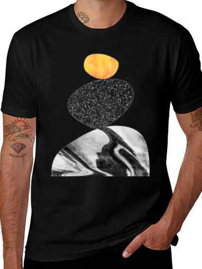 Abstract Stacked Stone Graphic Print Black T-Shirt