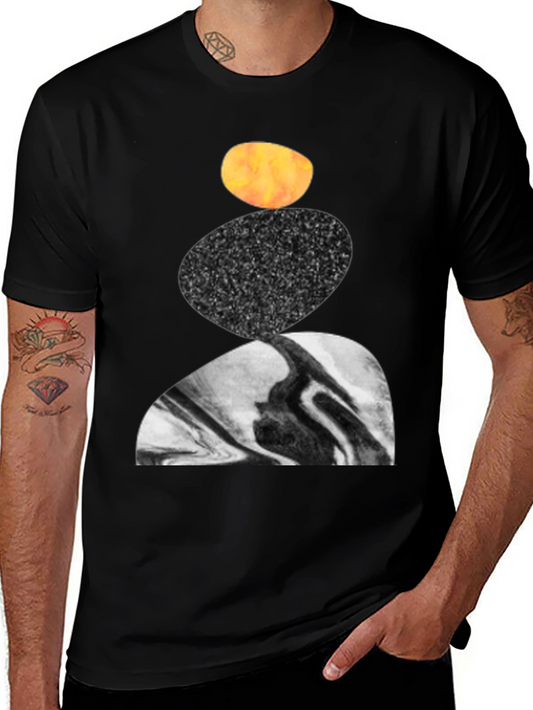 Abstract Stacked Stone Graphic Print Black T-Shirt