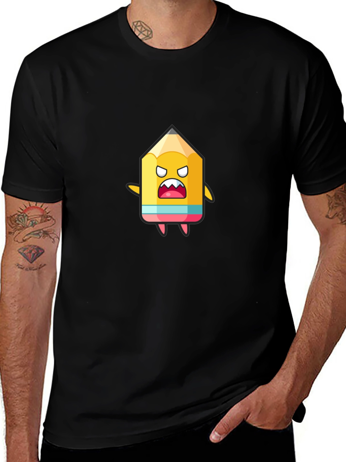 Cartoon Pencil Graphic Black T-Shirt