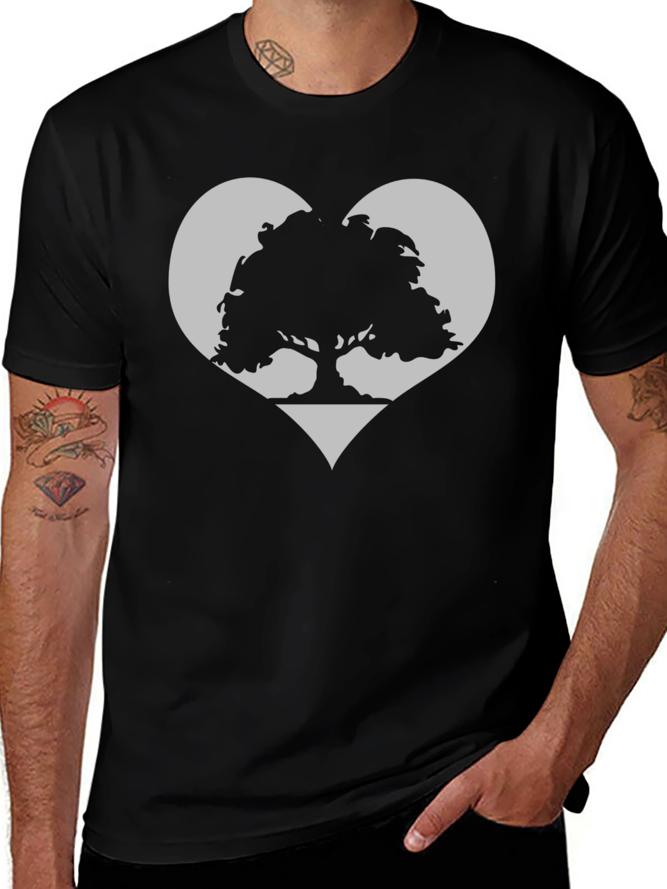 Tree Heart Graphic Tee - Black Cotton Casual Shirt