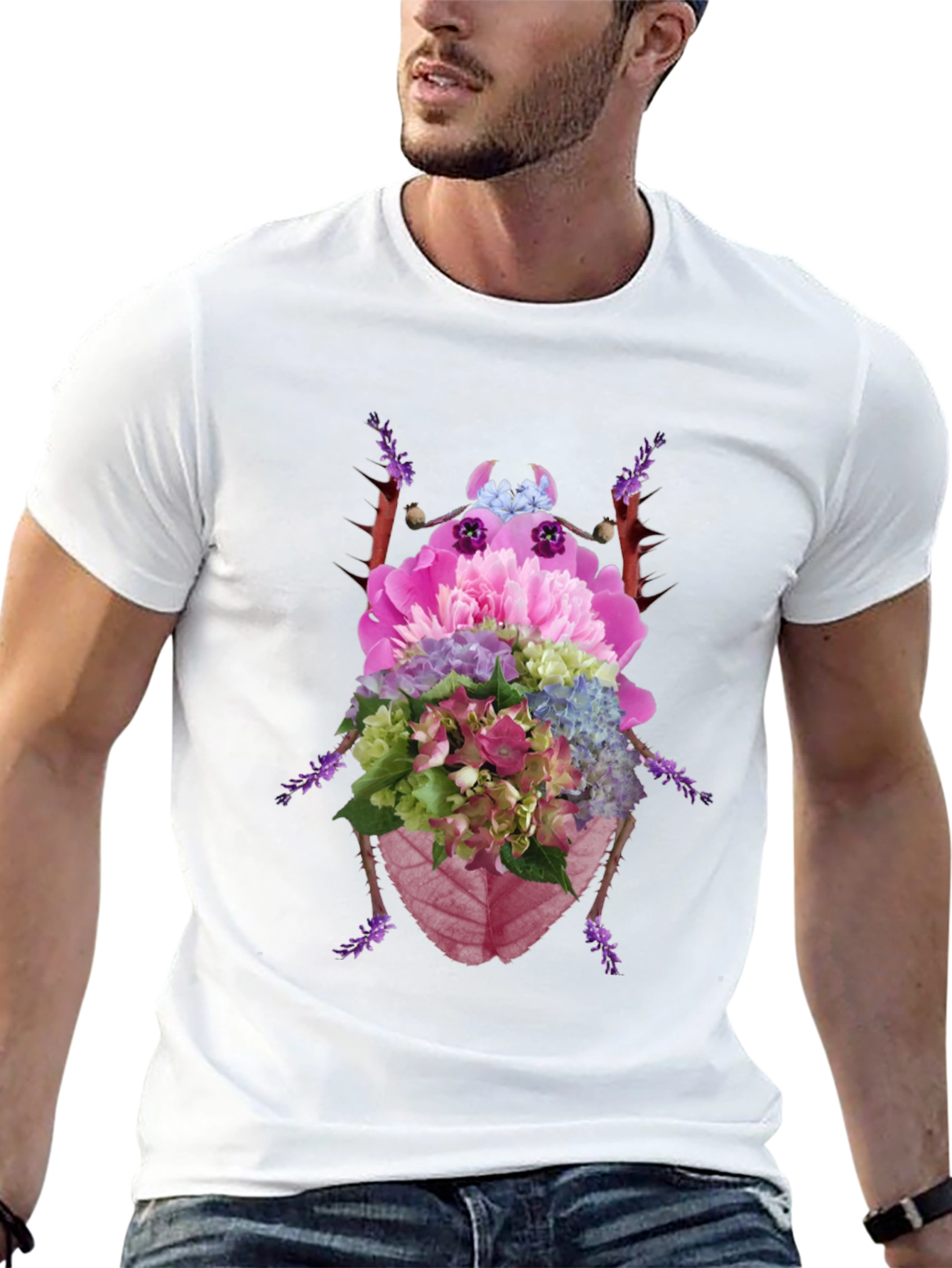 Floral Beetle Graphic Tee - Black Cotton T-Shirt