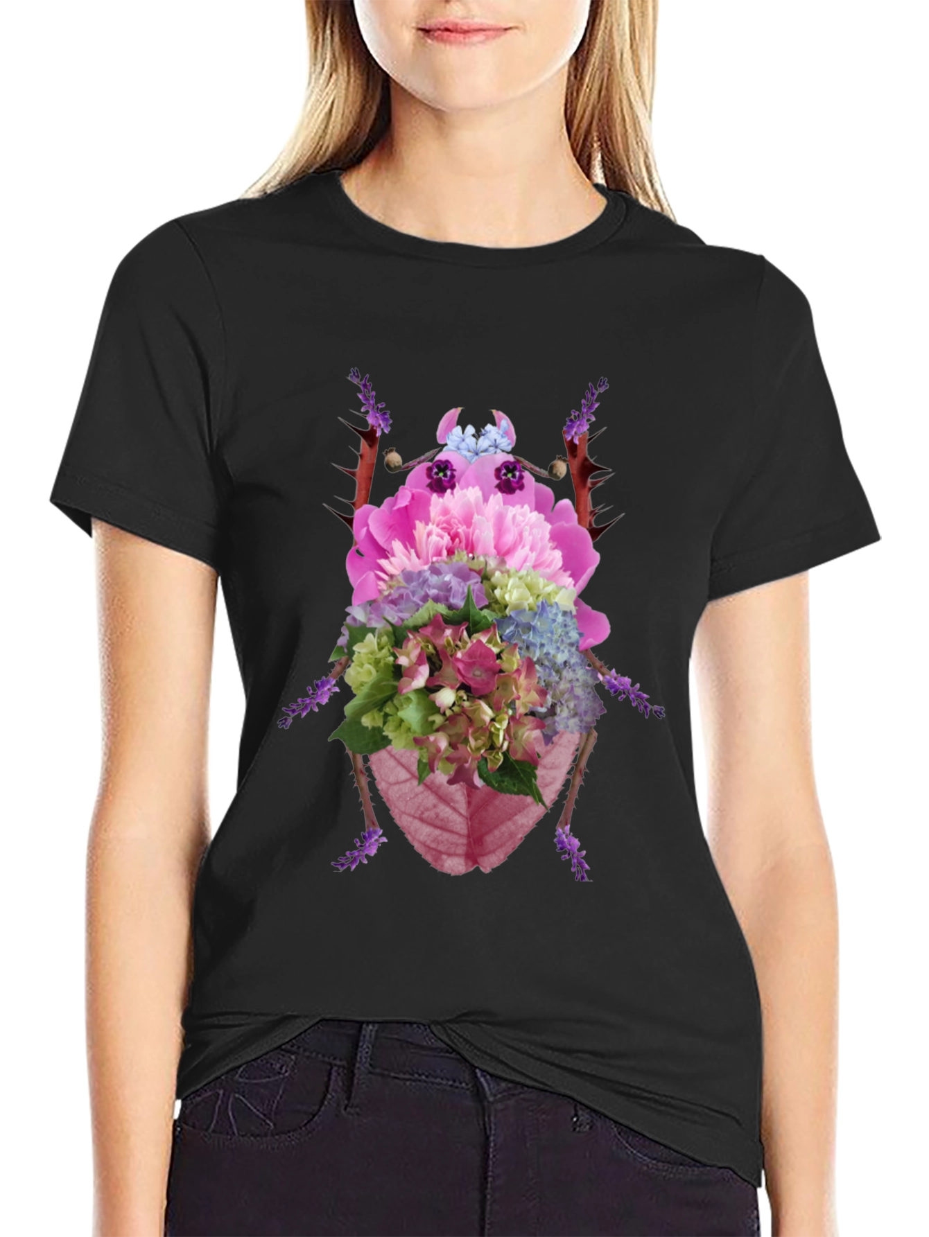Floral Beetle Graphic Tee - Black Cotton T-Shirt