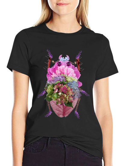 Floral Beetle Graphic Tee - Black Cotton T-Shirt