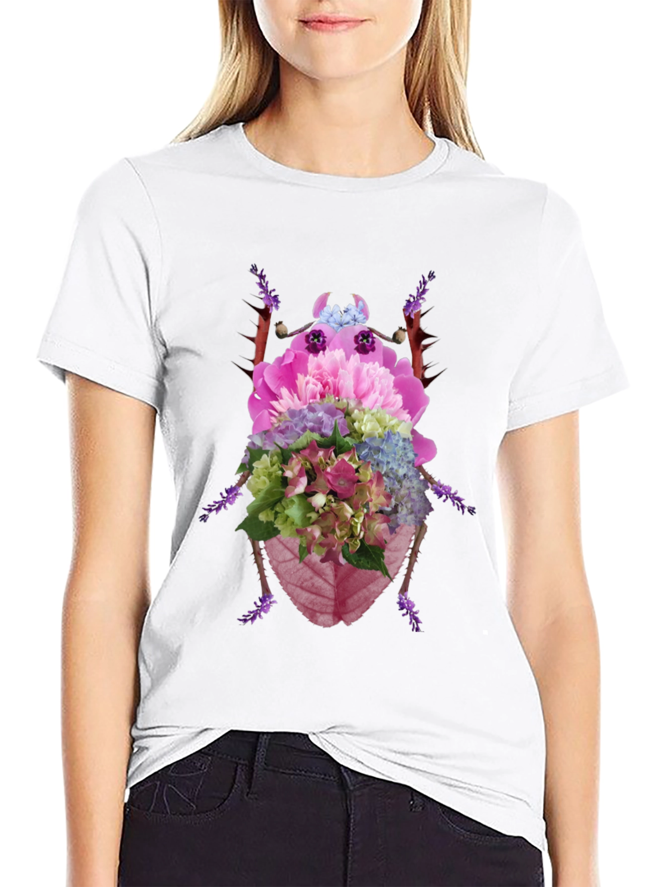 Floral Beetle Graphic Tee - Black Cotton T-Shirt