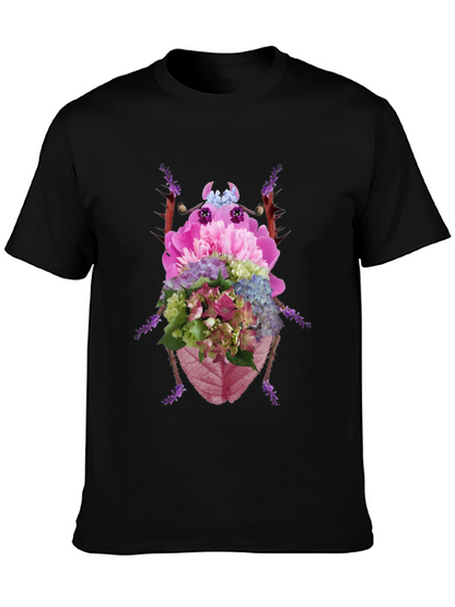 Floral Beetle Graphic Tee - Black Cotton T-Shirt