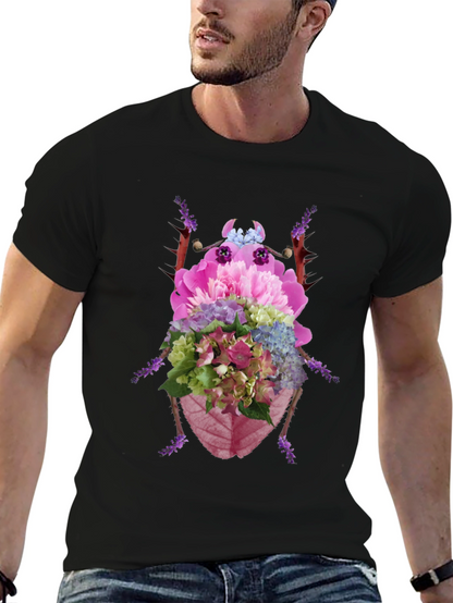 Floral Beetle Graphic Tee - Black Cotton T-Shirt
