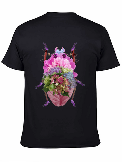 Floral Beetle Graphic Tee - Black Cotton T-Shirt