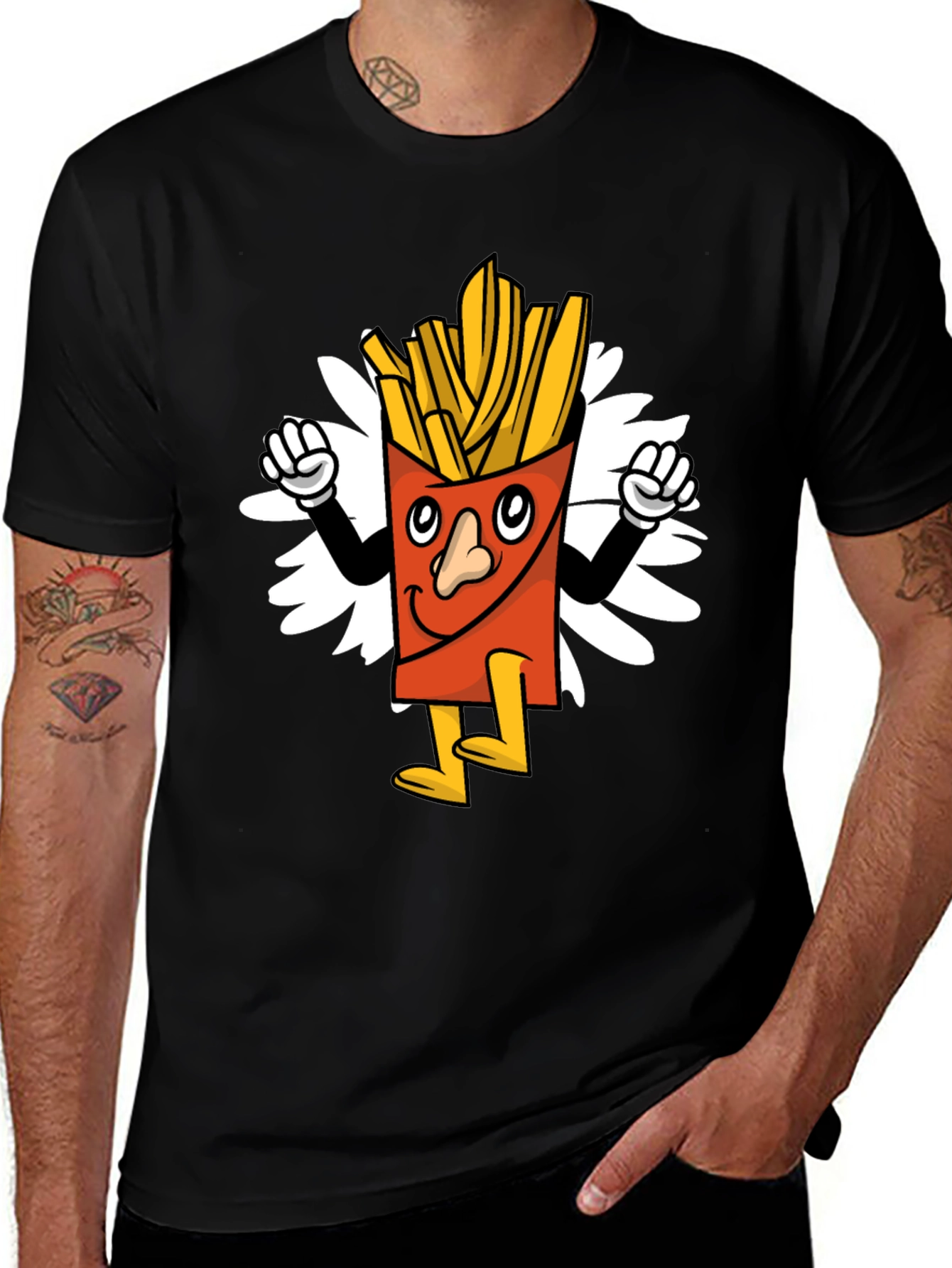 Cartoon Fries Graphic Tee - Black Casual T-Shirt