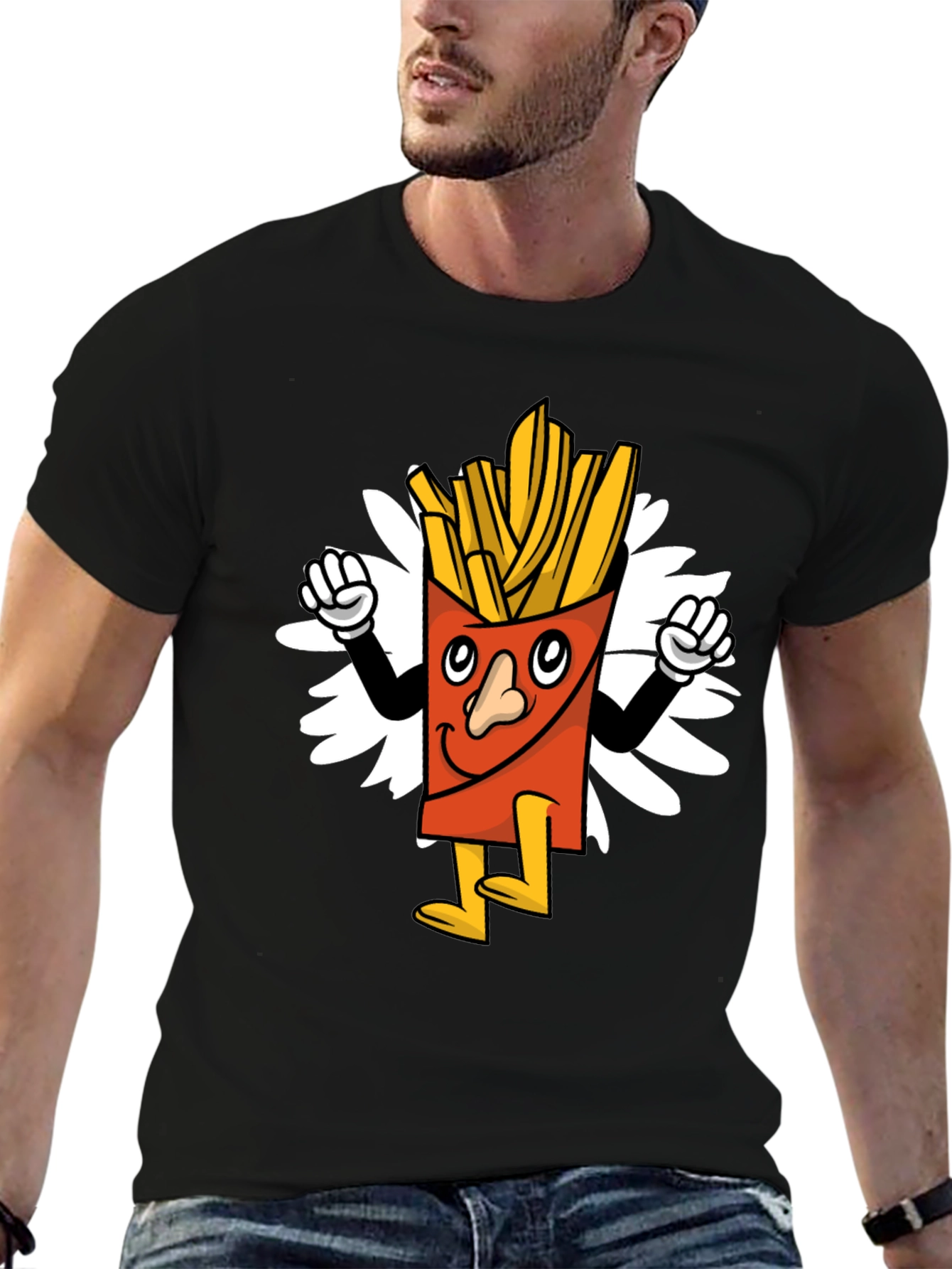 Cartoon Fries Graphic Tee - Black Casual T-Shirt